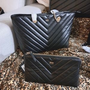 2pc DKNY Veronica Tote Purse Black Quilted Diagonal Leather Chain Shoulder Bag